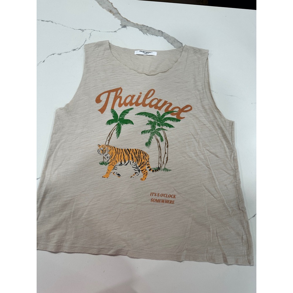 Project Social T Thailand Tiger Graphic Muscle Tank Top Oatmeal Medium